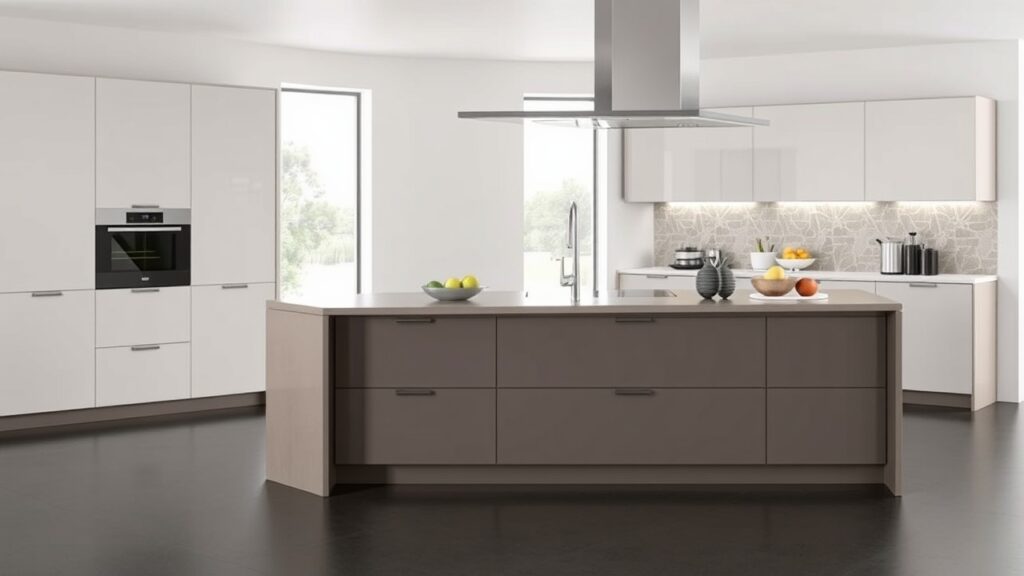 Nowoczesna wyspa kuchenna z eleganckimi szafkami i dużym blatem dumnie stoi.